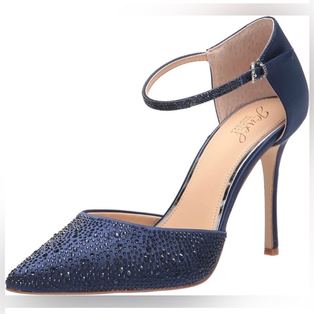 💙💙🔥💜 Jewel Badgley Mischka Jailene Ankle
Strap Stiletto Size 8 Navy Satin💙